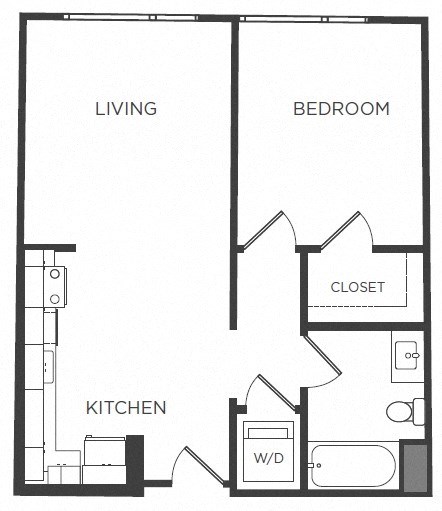 Floor plan for 1 bed, 1 bath, 684 sqft