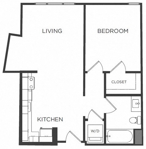 Floor plan for 1 bed, 1 bath, 684 sqft