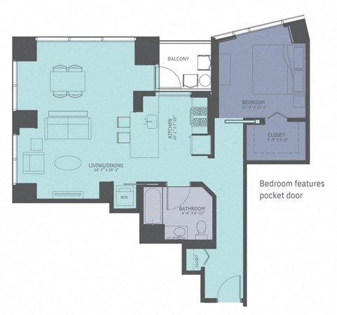 Floor plan for 1 bed, 1 bath, 892 sqft