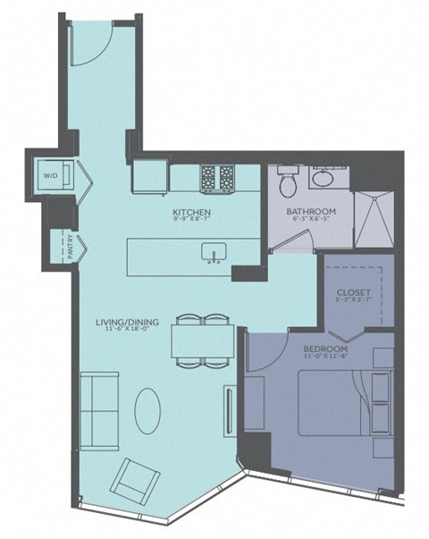 Floor plan for 1 bed, 1 bath, 761 sqft