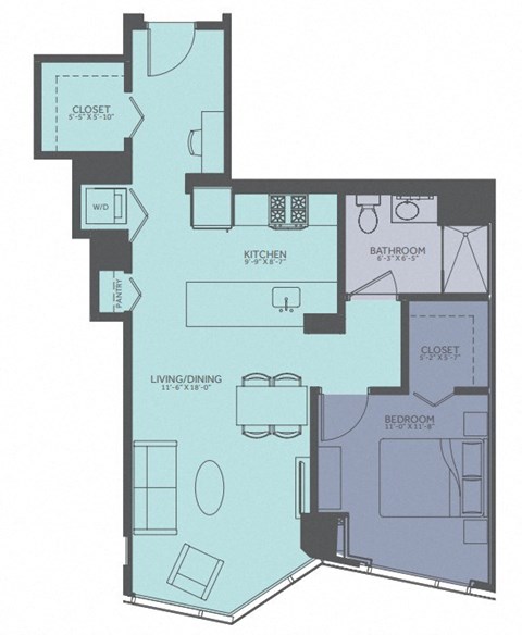 Floor plan for 1 bed, 1 bath, 811 sqft
