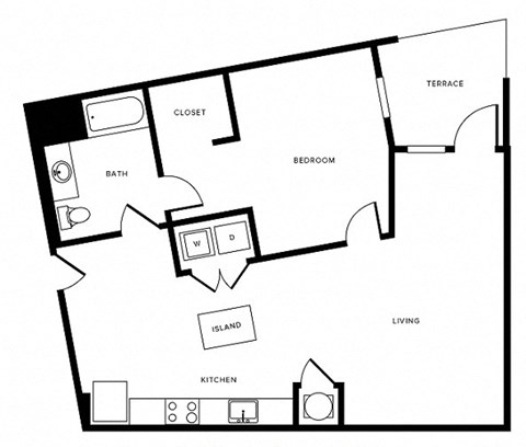 Floor plan for 1 bed, 1 bath, 855 sqft