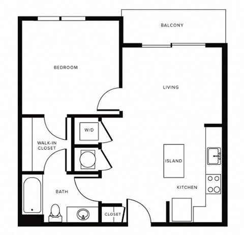 Floor plan for 1 bed, 1 bath, 632 sqft