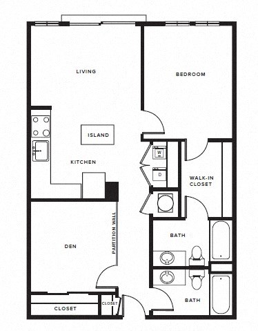 Floor plan for 1 bed, 2 baths, 932 sqft