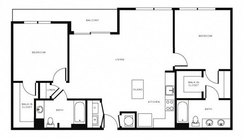 Floor plan for 2 beds, 2 baths, 1091 sqft