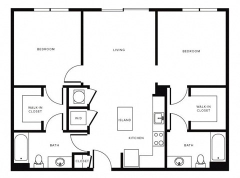 Floor plan for 2 beds, 2 baths, 970 sqft