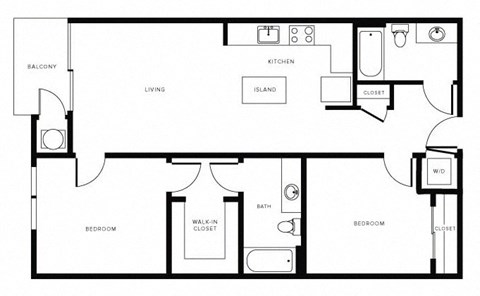 Floor plan for 2 beds, 2 baths, 1021 sqft