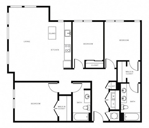 Floor plan for 3 beds, 2 baths, 1383 sqft
