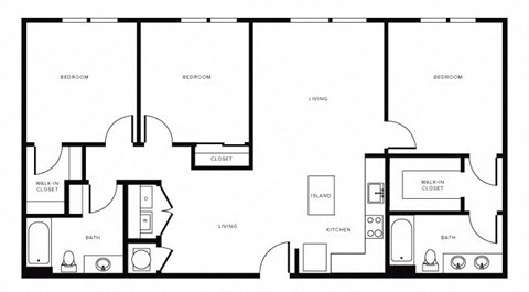 Floor plan for 3 beds, 2 baths, 1342 sqft