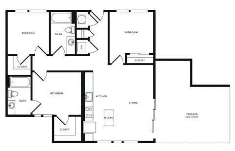 Floor plan for 3 beds, 2 baths, 1119 sqft
