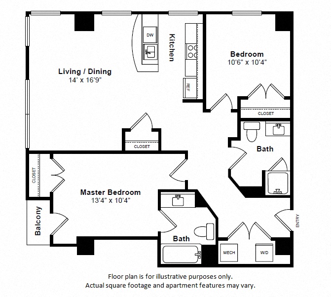 Floor plan for 2 beds, 2 baths, 810 sqft