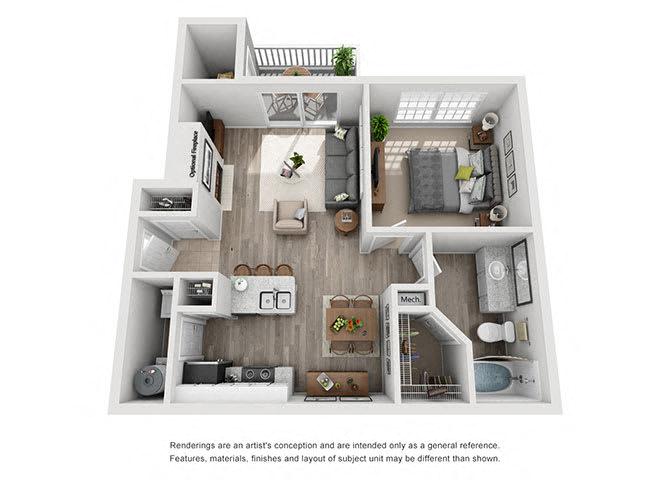 Floor plan for 1 bed, 1 bath, 692 sqft