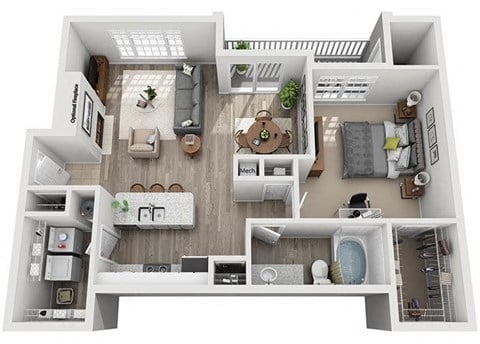 Floor plan for 1 bed, 1 bath, 844 sqft