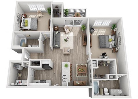 Floor plan for 2 beds, 2 baths, 1129 sqft