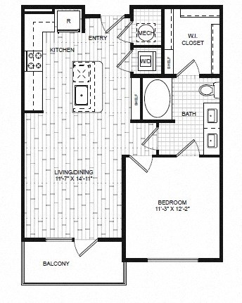 Floor plan for 1 bed, 1 bath, 721 sqft