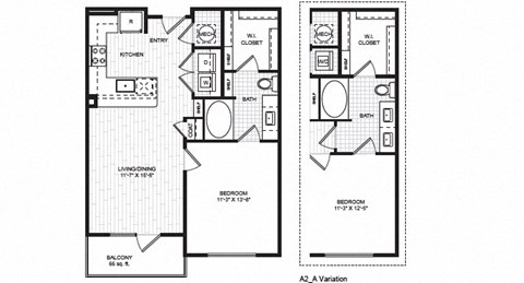 Floor plan for 1 bed, 1 bath, 721 sqft