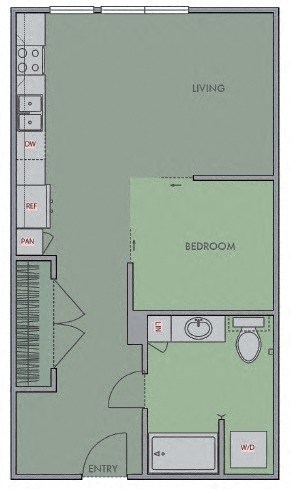 Floor plan for studio, 1 bath, 579 sqft