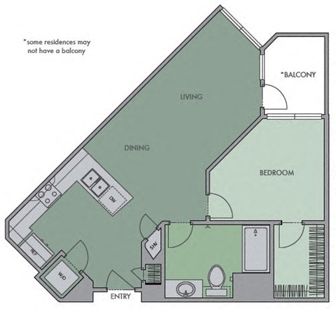 Floor plan for 1 bed, 1 bath, 650 sqft
