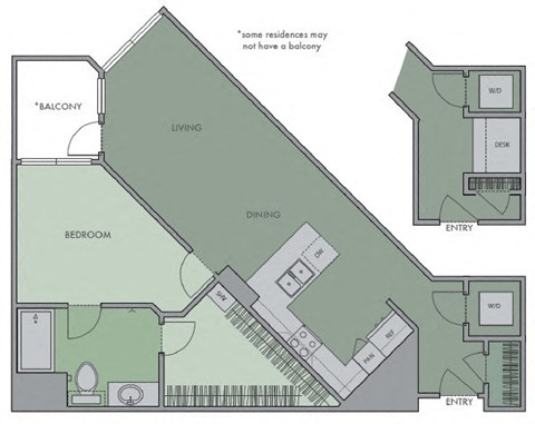 Floor plan for 1 bed, 1 bath, 732 sqft