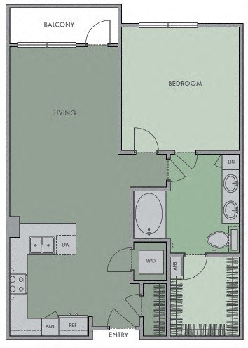 Floor plan for 1 bed, 1 bath, 829 sqft