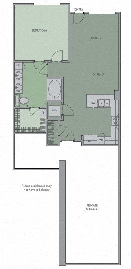 Floor plan for 1 bed, 1 bath, 729 sqft
