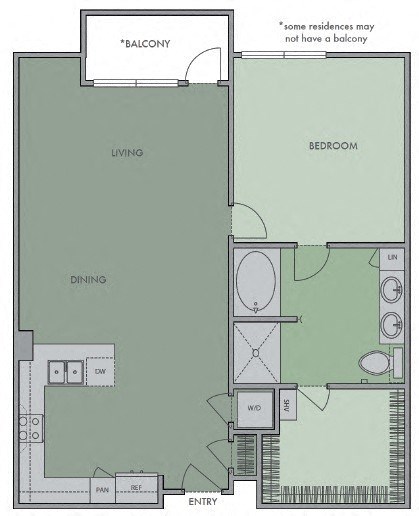 Floor plan for 1 bed, 1 bath, 845 sqft