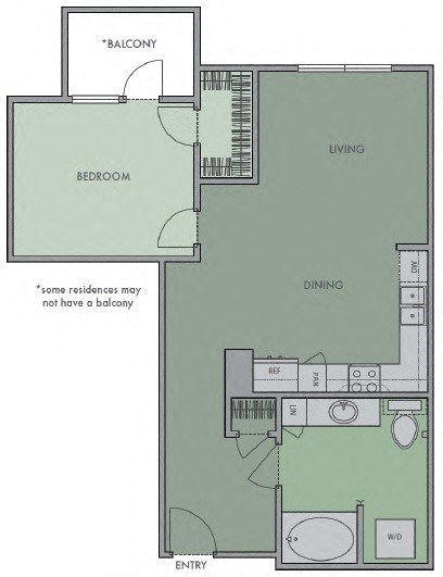 Floor plan for 1 bed, 1 bath, 667 sqft