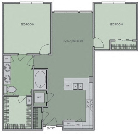 Floor plan for 2 beds, 1 bath, 916 sqft