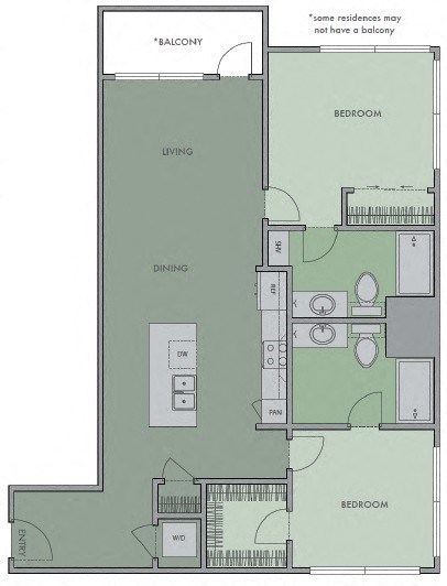 Floor plan for 2 beds, 2 baths, 975 sqft