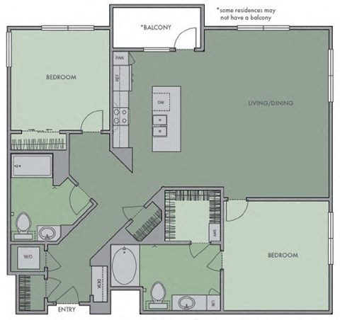 Floor plan for 2 beds, 2 baths, 1156 sqft