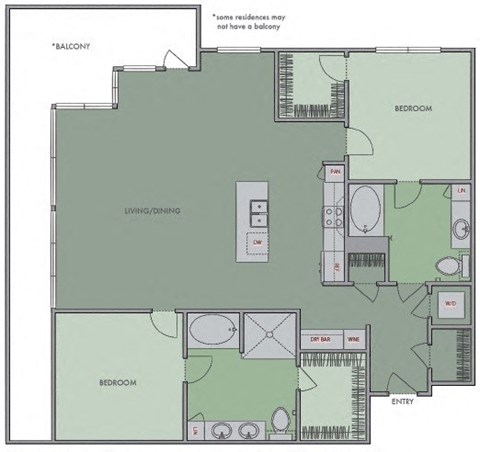 Floor plan for 2 beds, 2 baths, 1342 sqft