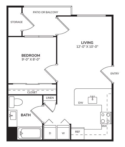 Floor plan for 1 bed, 1 bath, 531 sqft