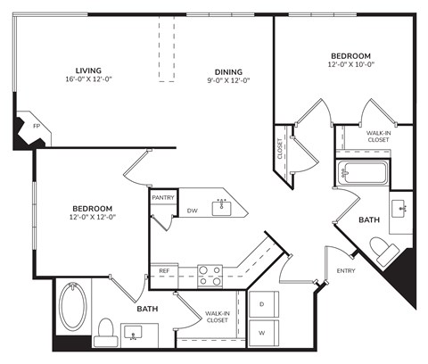Floor plan for 2 beds, 2 baths, 1208 sqft