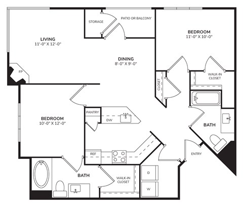 Floor plan for 2 beds, 2 baths, 1116 sqft