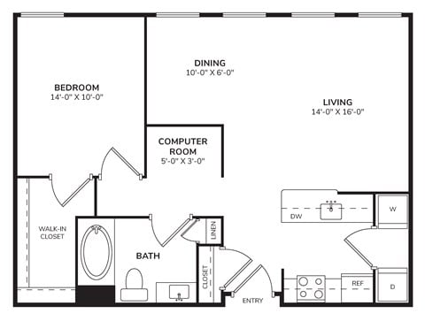 Floor plan for 1 bed, 1 bath, 905 sqft