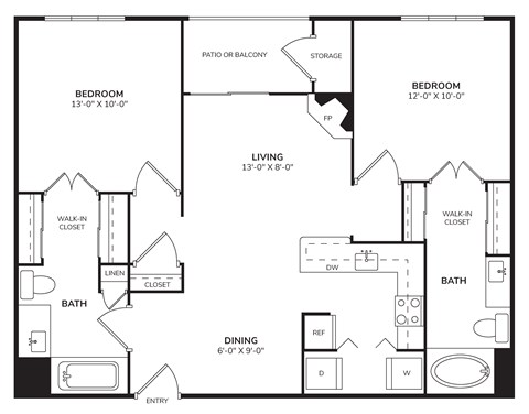 Floor plan for 2 beds, 2 baths, 1056 sqft