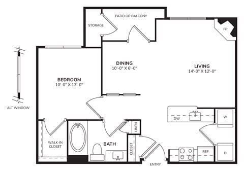 Floor plan for 1 bed, 1 bath, 808 sqft