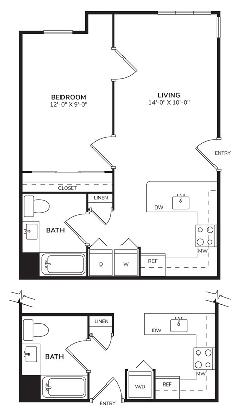 Floor plan for 1 bed, 1 bath, 642 sqft