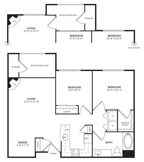 Floor plan for 2 beds, 1 bath, 918 sqft