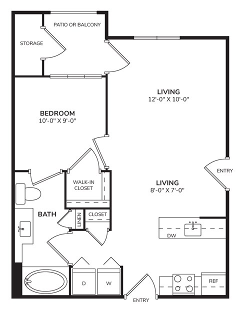 Floor plan for 1 bed, 1 bath, 728 sqft