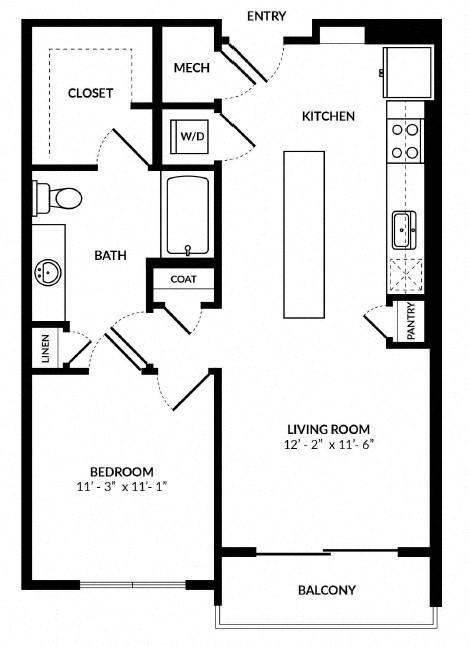 Floor plan for 1 bed, 1 bath, 685 sqft