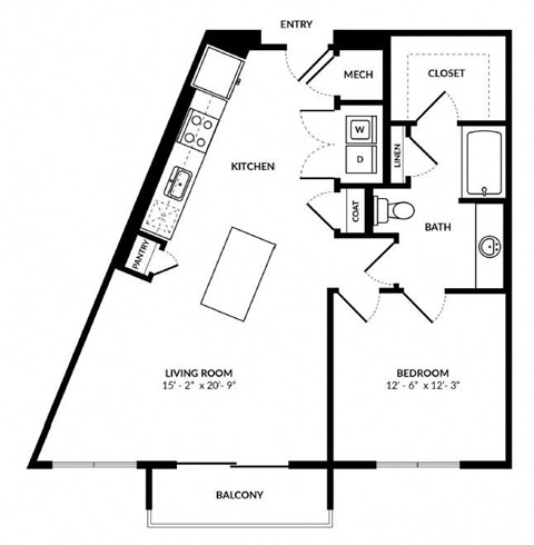 Floor plan for 1 bed, 1 bath, 857 sqft