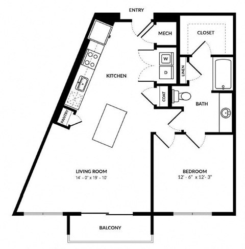 Floor plan for 1 bed, 1 bath, 812 sqft
