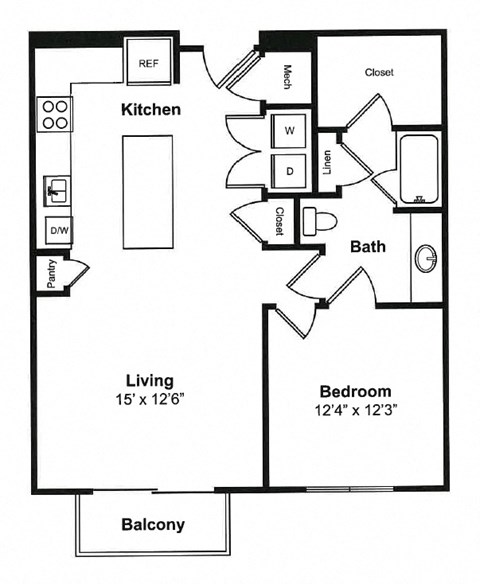 Floor plan for 1 bed, 1 bath, 824 sqft