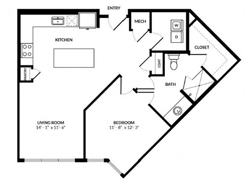 Floor plan for 1 bed, 1 bath, 836 sqft