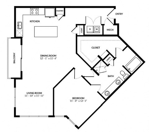 Floor plan for 1 bed, 1 bath, 857 sqft