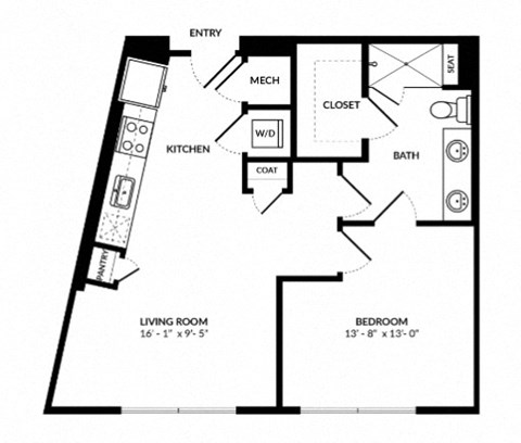 Floor plan for 1 bed, 1 bath, 703 sqft