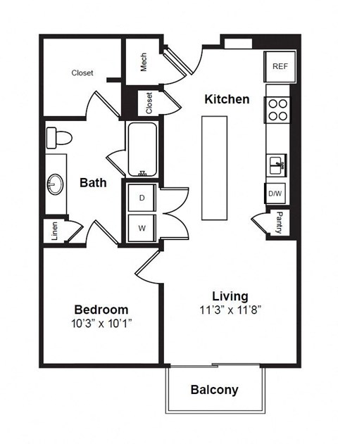 Floor plan for 1 bed, 1 bath, 703 sqft