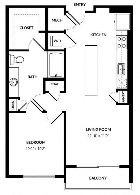 Floor plan for 1 bed, 1 bath, 708 sqft