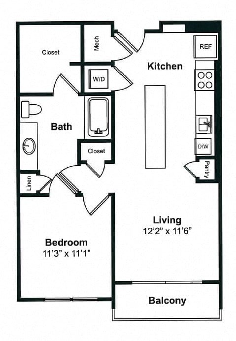 Floor plan for 1 bed, 1 bath, 726 sqft